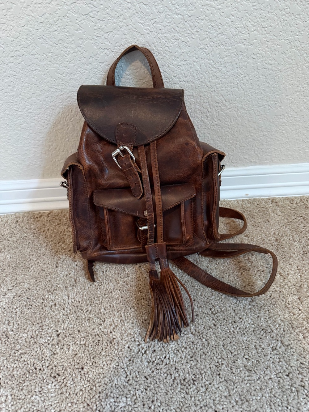 Freebird by Steven Brown Leather Tassel Drawstring Mini Backpack